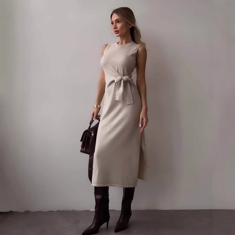 Women’s Midi Dress – Slim Fit – Sleeveless – Bow Waist – Stretch Fabric – Side Slit
