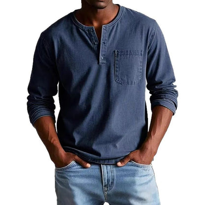Men’s Long Sleeve T-Shirt – Slim Fit – Cotton Blend – Button Neck – Chest Pocket