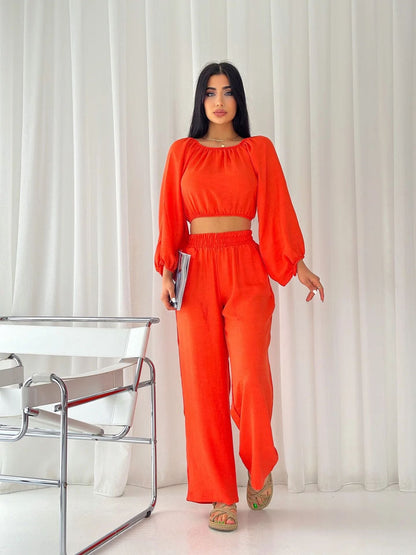Women’s Two-Piece Set – Off-Shoulder Crop Top – Wide-Leg High-Waist Pants – Breathable Fabric