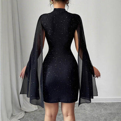 Women’s Cape Dress – Slim Fit – Glitter Chiffon – High Neck – Mini Evening Wear