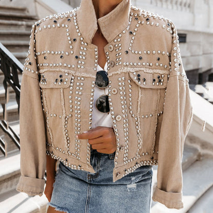 Women’s Cropped Denim Jacket – Relaxed Fit – Studded Rivet Detail – Button Front