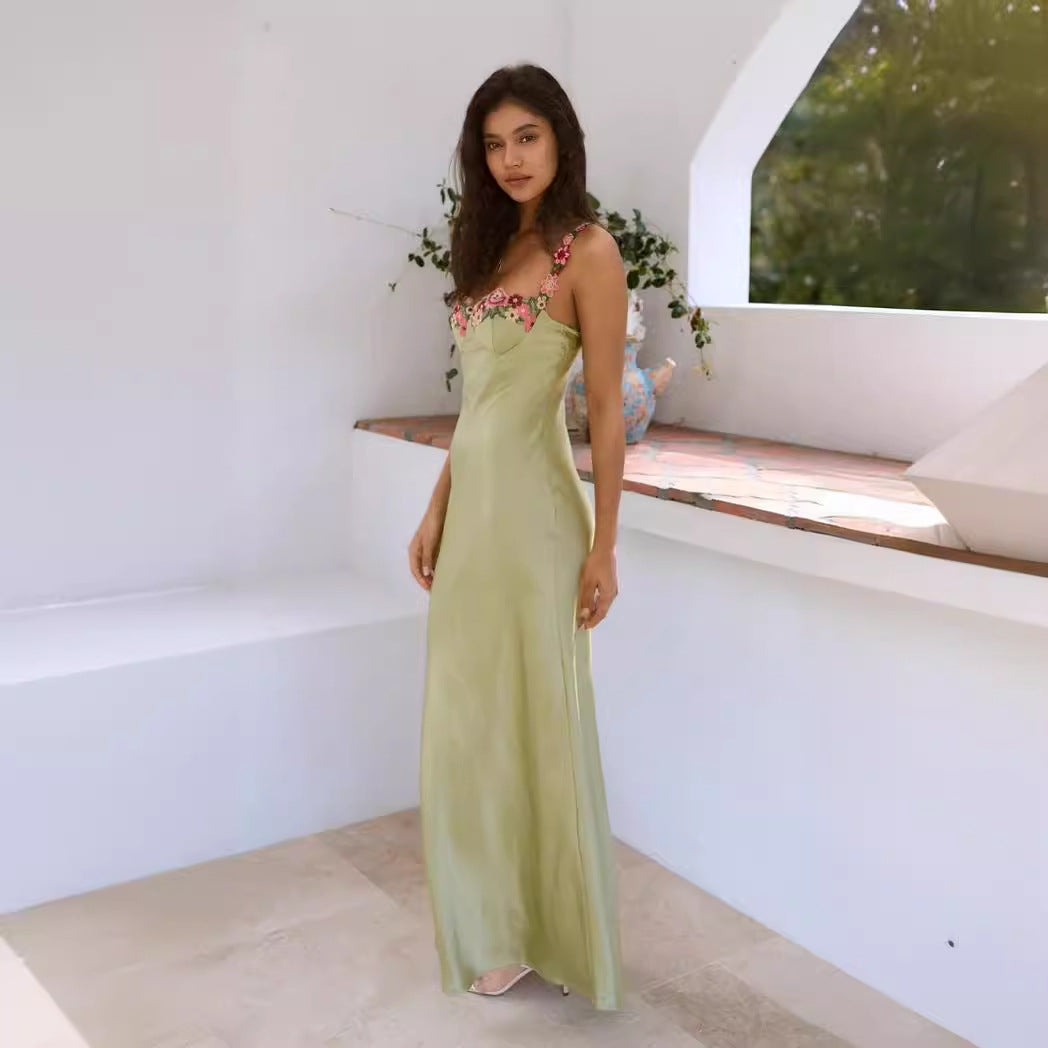 Women’s Long Dress – Satin Slim Fit – Sweetheart Neck – Floral Lace Trim