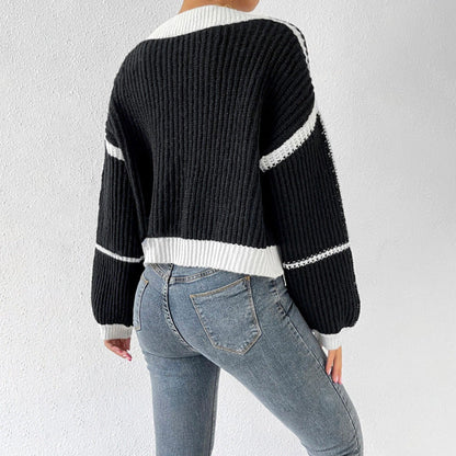 Women’s Knitted Cardigan – Cropped Fit – Soft Ribbed Knit – V-Neck – Balloon Sleeves