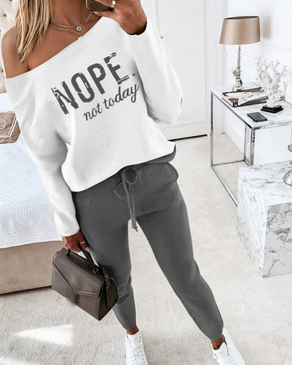 Women’s Two-Piece Set – Cotton Blend Off-Shoulder Top – Tapered Drawstring Pants
