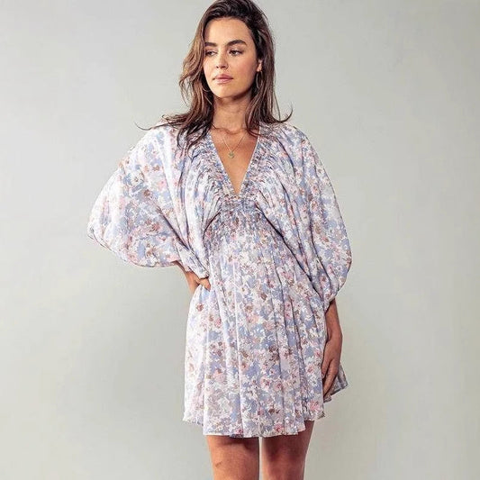 Women’s Mini Dress – Floral Print – A-Line Fit – V-Neck – Ruching Waist – Bell Sleeve
