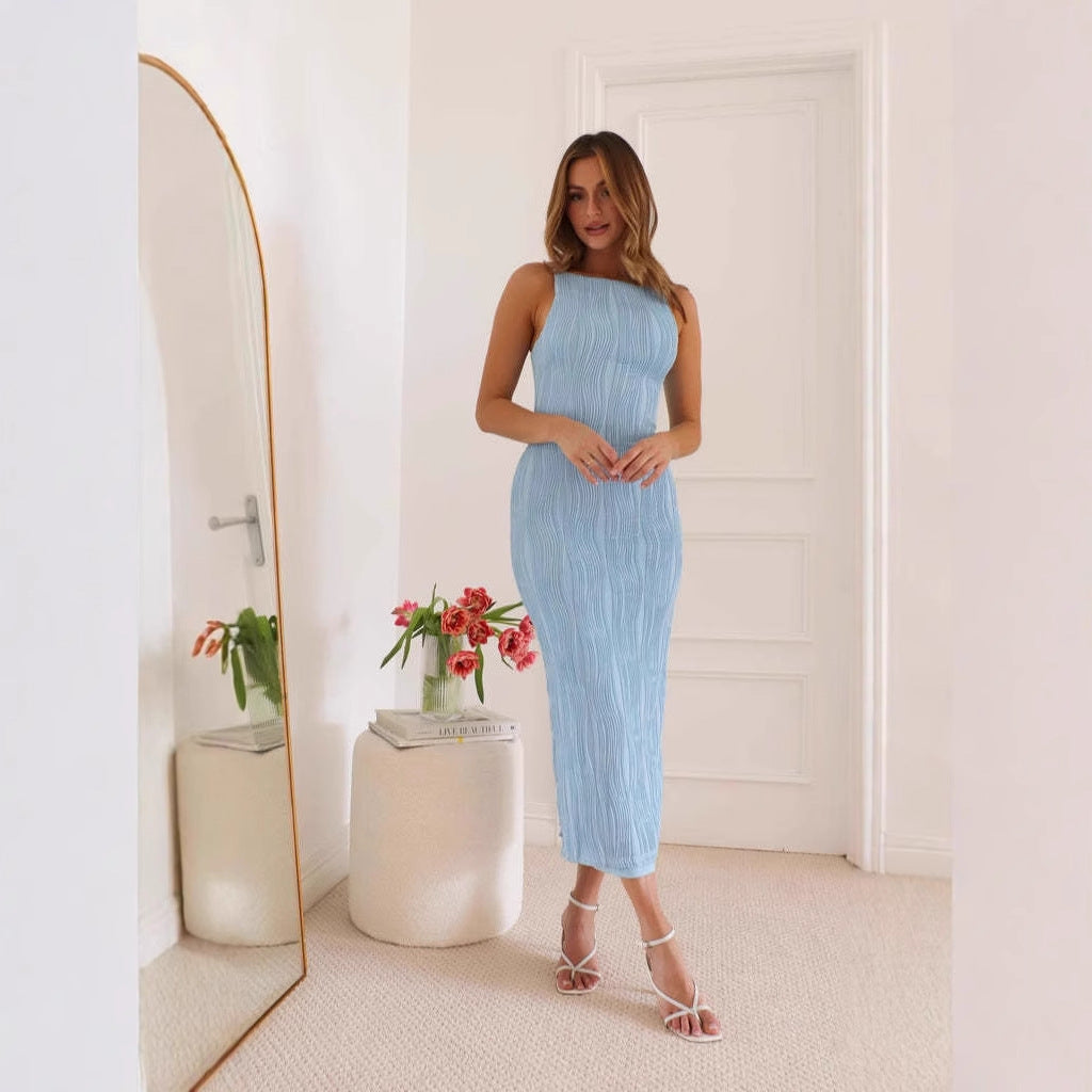 Women’s Sleeveless Dress – Slim Fit – Backless – Water Ripple Texture – Midi Length