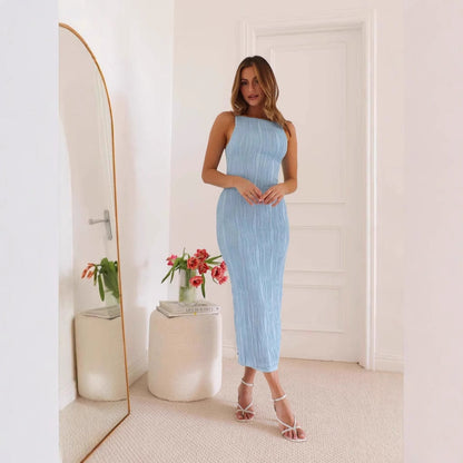 Women’s Sleeveless Dress – Slim Fit – Backless – Water Ripple Texture – Midi Length