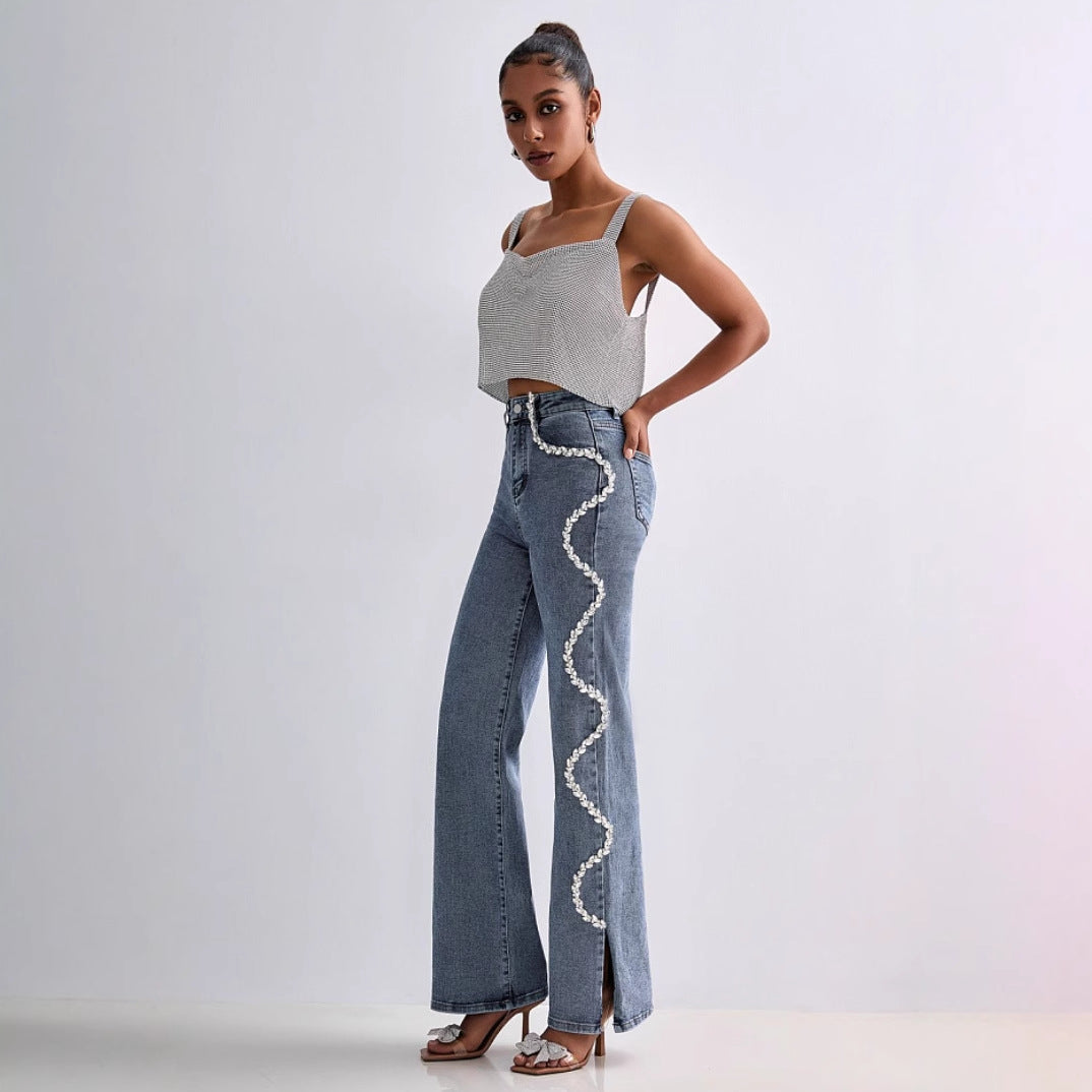 Women’s Straight Leg Jeans – Relaxed Fit – Rhinestone Trim – Full Length Denim