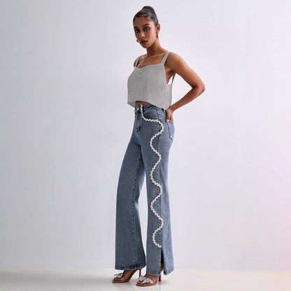 Women’s Straight Leg Jeans – Relaxed Fit – Rhinestone Trim – Full Length Denim