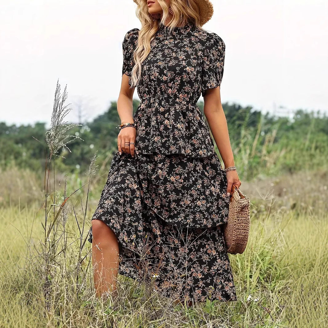 Women’s Midi Dress – Floral Print – Puff Sleeve – Tiered Skirt – Defined Waist