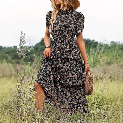 Women’s Midi Dress – Floral Print – Puff Sleeve – Tiered Skirt – Defined Waist