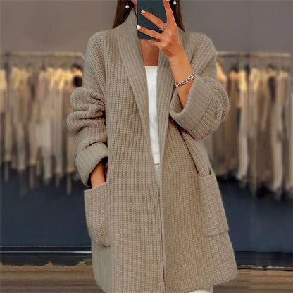Women’s Knit Cardigan – Oversized Fit – Chunky Wool Blend – Longline Open Front – Pockets
