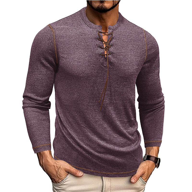 Men’s Long Sleeve Shirt – Slim Fit – Knit Texture – Lace-Up Neckline – Casual Style