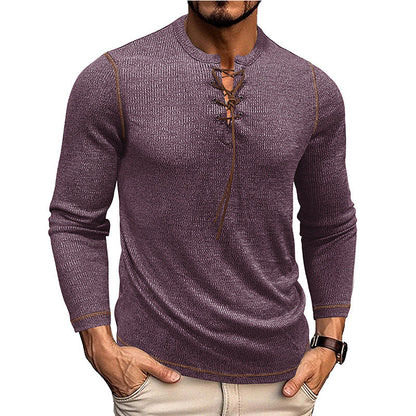 Men’s Long Sleeve Shirt – Slim Fit – Knit Texture – Lace-Up Neckline – Casual Style