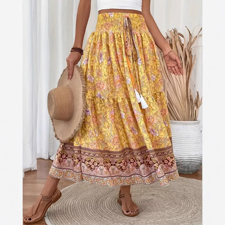 Women’s Long Skirt – Bohemian Floral – Tiered Cotton Blend – Elastic Waist Casual Fit