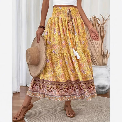 Women’s Long Skirt – Bohemian Floral – Tiered Cotton Blend – Elastic Waist Casual Fit