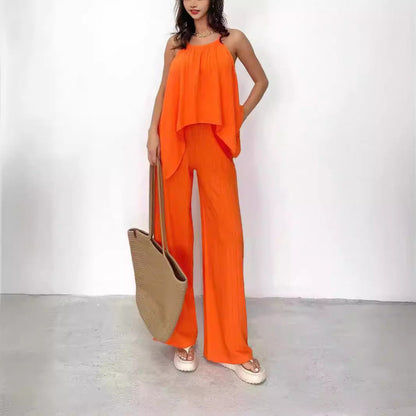 Women’s Halter Top and Pants Set – Draped Asymmetric Top – Wide Leg Relaxed Fit