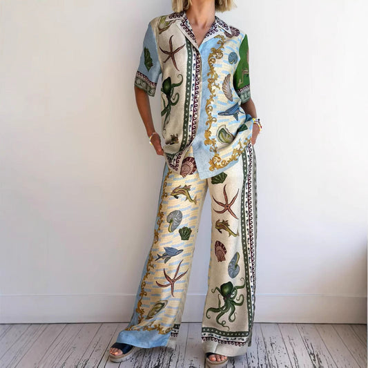 Women’s Shirt and Pants Set – Linen Blend – Relaxed Fit – Wide Leg – Marine Print