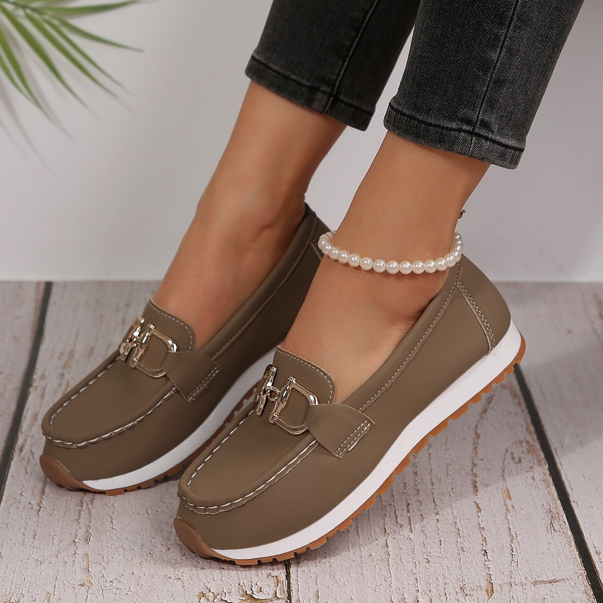 Women’s Platform Sneakers – Slip-On Style – Chain Detail – Moc Toe – Casual Fit