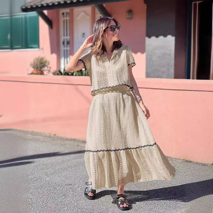 Women’s Skirt Set – Cotton Blend – Relaxed Fit – Lace Trim – Midi A-Line Skirt – Short Sleeve Top