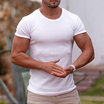 Men’s T-Shirt – Slim Fit – Soft Cotton Blend – Vertical Ribbed Knit – Crew Neck – Short Sleeve