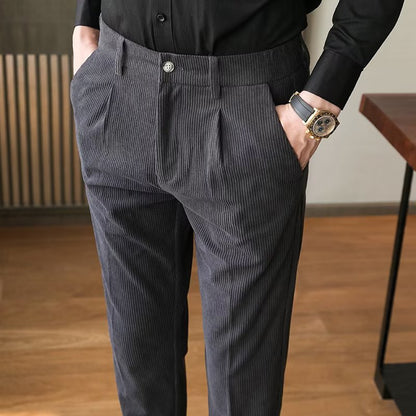 Men’s Corduroy Trousers – Slim Fit – Pleated Front – Full Length – Smart Casual