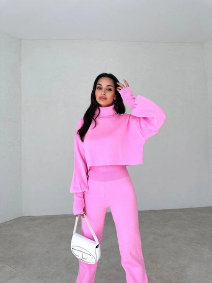 Women’s Lounge Set – Soft Knit Relaxed Fit – High Neck Crop Top – Wide Leg Pants