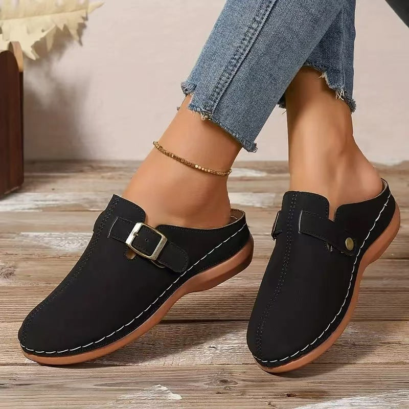 Women’s Wedge Mule Sandals – Closed Toe – Buckle Detail – Cushioned Footbed