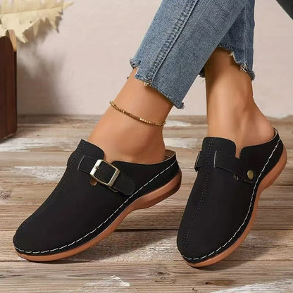 Women’s Wedge Mule Sandals – Closed Toe – Buckle Detail – Cushioned Footbed