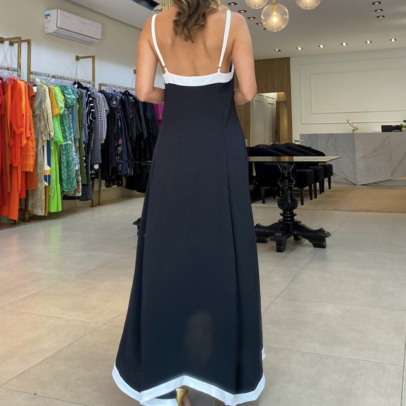 Women’s Maxi Dress – Lightweight Fabric – Loose Fit – V-Neck – Thin Straps – Contrast Trim
