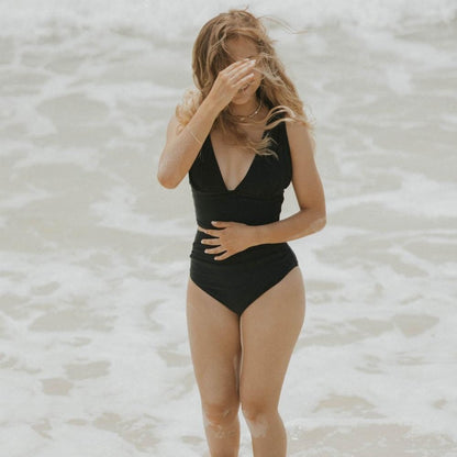 Women’s Bikini Set – High-Waisted – Ruched V-Neck Top – Stretch Fit – Moderate Coverage