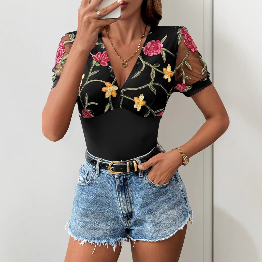 Women’s Bodysuit – Slim Fit – V-Neck – Mesh Short Sleeves – Floral Embroidery