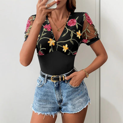Women’s Bodysuit – Slim Fit – V-Neck – Mesh Short Sleeves – Floral Embroidery