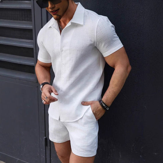 Men’s Matching Set – Slim Fit Button-Down Shirt & Shorts – Lightweight Breathable Fabric