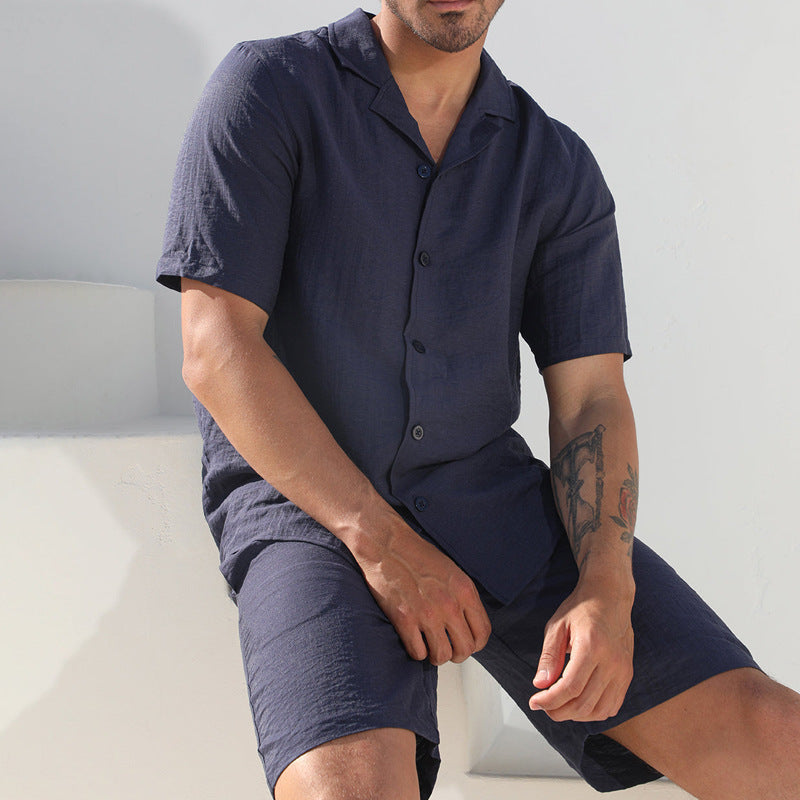Men’s Two-Piece Set – Short Sleeve Button Shirt – Relaxed Fit Shorts – Breathable Blend