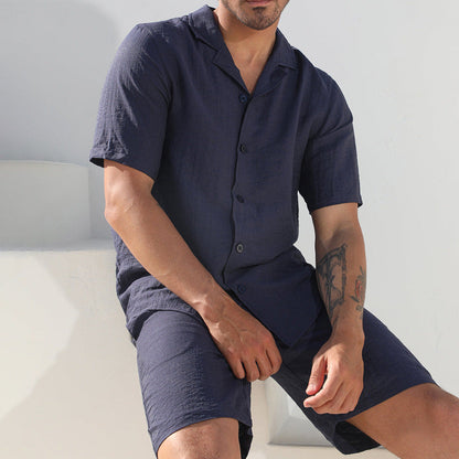 Men’s Two-Piece Set – Short Sleeve Button Shirt – Relaxed Fit Shorts – Breathable Blend