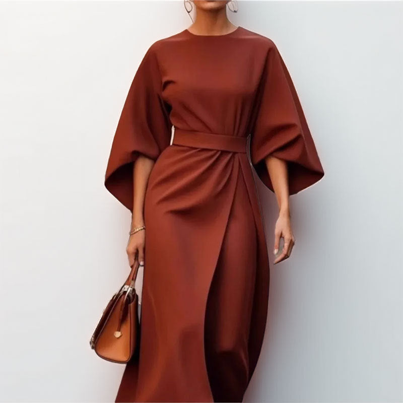 Women’s Long Dress – Satin Finish – Batwing Sleeve – Fitted Waist – Formal Wear