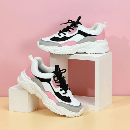 Women’s Low-Top Chunky Sneakers - Synthetic - Leather Mesh - Lace-Up Cushioned Sole