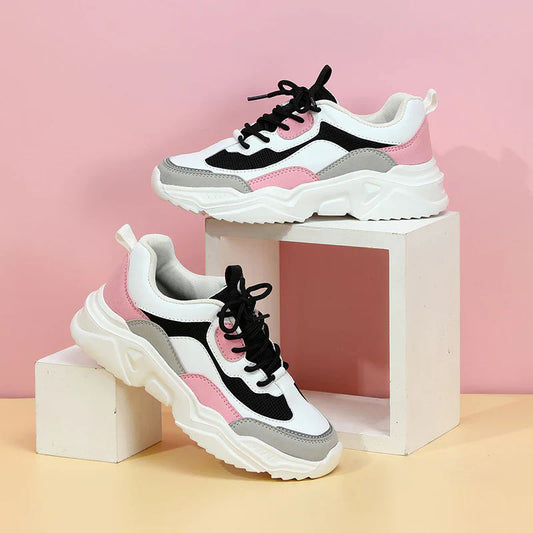 Women’s Low-Top Chunky Sneakers - Synthetic - Leather Mesh - Lace-Up Cushioned Sole