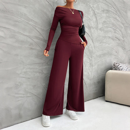 Women’s Matching Set – Slim Fit Long Sleeve Top – High Waist Wide Leg Pants