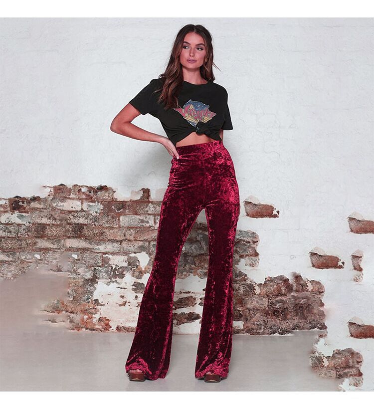 Women’s Flared Pants – Velvet Texture – High Waist – Tailored Fit – Full Length