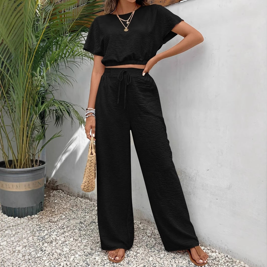 Women’s Two-Piece Set – Relaxed Fit Crop Top with Batwing Sleeves – Wide-Leg Pants