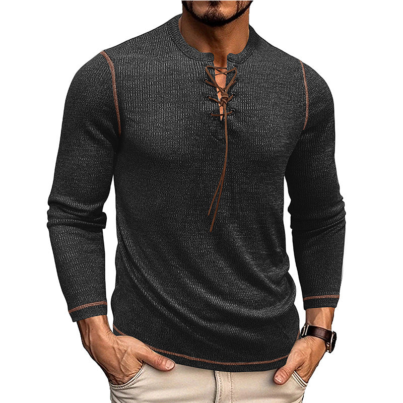 Men’s Long Sleeve Shirt – Slim Fit – Knit Texture – Lace-Up Neckline – Casual Style