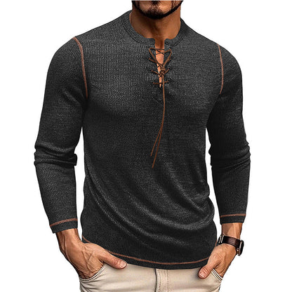 Men’s Long Sleeve Shirt – Slim Fit – Knit Texture – Lace-Up Neckline – Casual Style