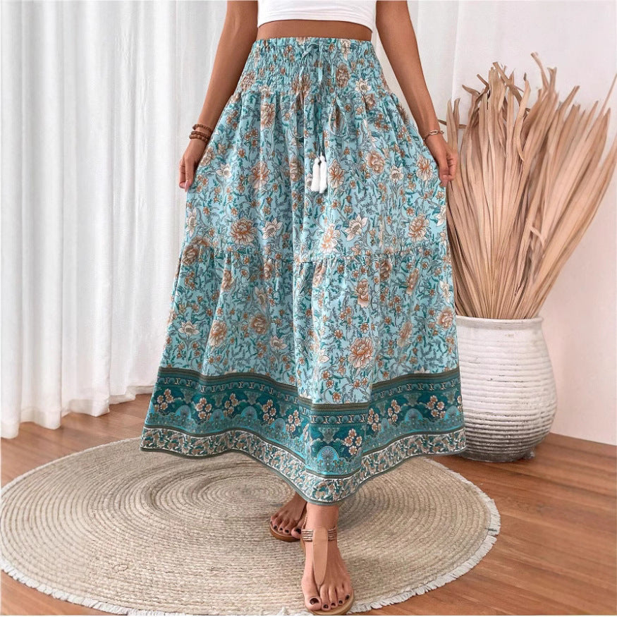 Women’s Long Skirt – Bohemian Floral – Tiered Cotton Blend – Elastic Waist Casual Fit