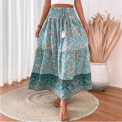 Women’s Long Skirt – Bohemian Floral – Tiered Cotton Blend – Elastic Waist Casual Fit