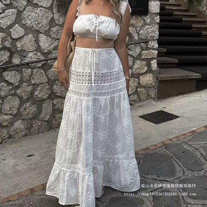 Women’s Two-Piece Set – Lace Off Shoulder Crop Top – Tiered Maxi Skirt – Boho Style