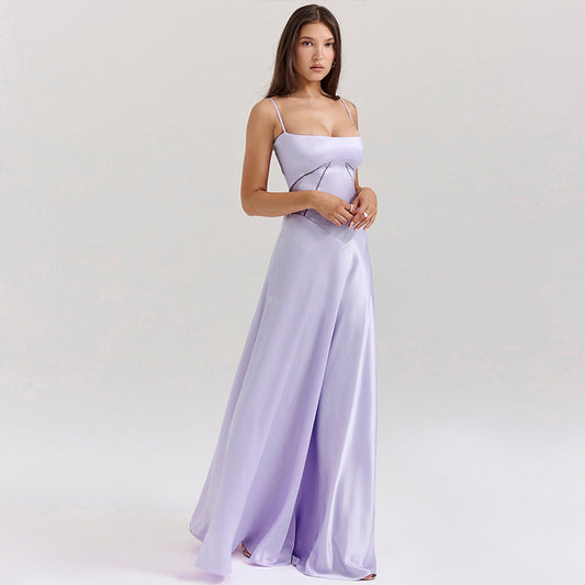 Women’s Evening Gown – Satin Full Length – A-Line Fit – Spaghetti Straps – Cut-Out Waist