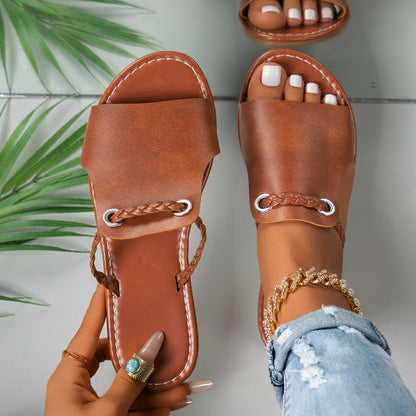 Women’s Flat Sandals – Braided Strap – Cushioned Footbed – Slip-On Open Toe