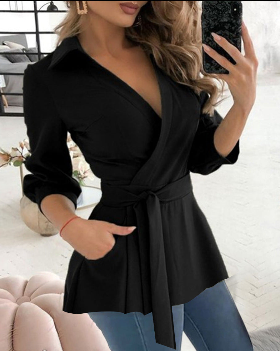 Women’s Blouse – V-Neck – Tie Waist – Long Sleeve – Fitted Wrap Front – Collared